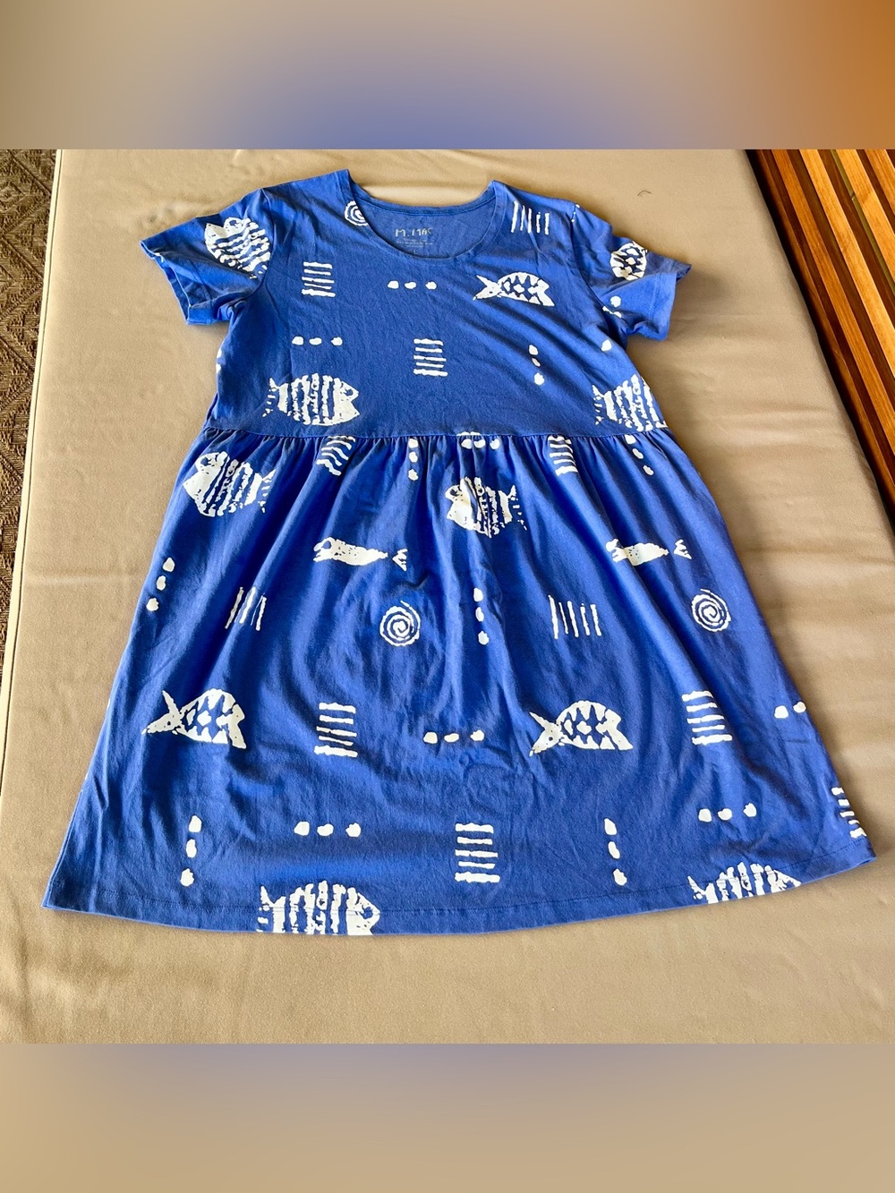 M. Mac Blue White Fish Cotton T-Shirt Knee Length Dress Beachy Coastal | Size L